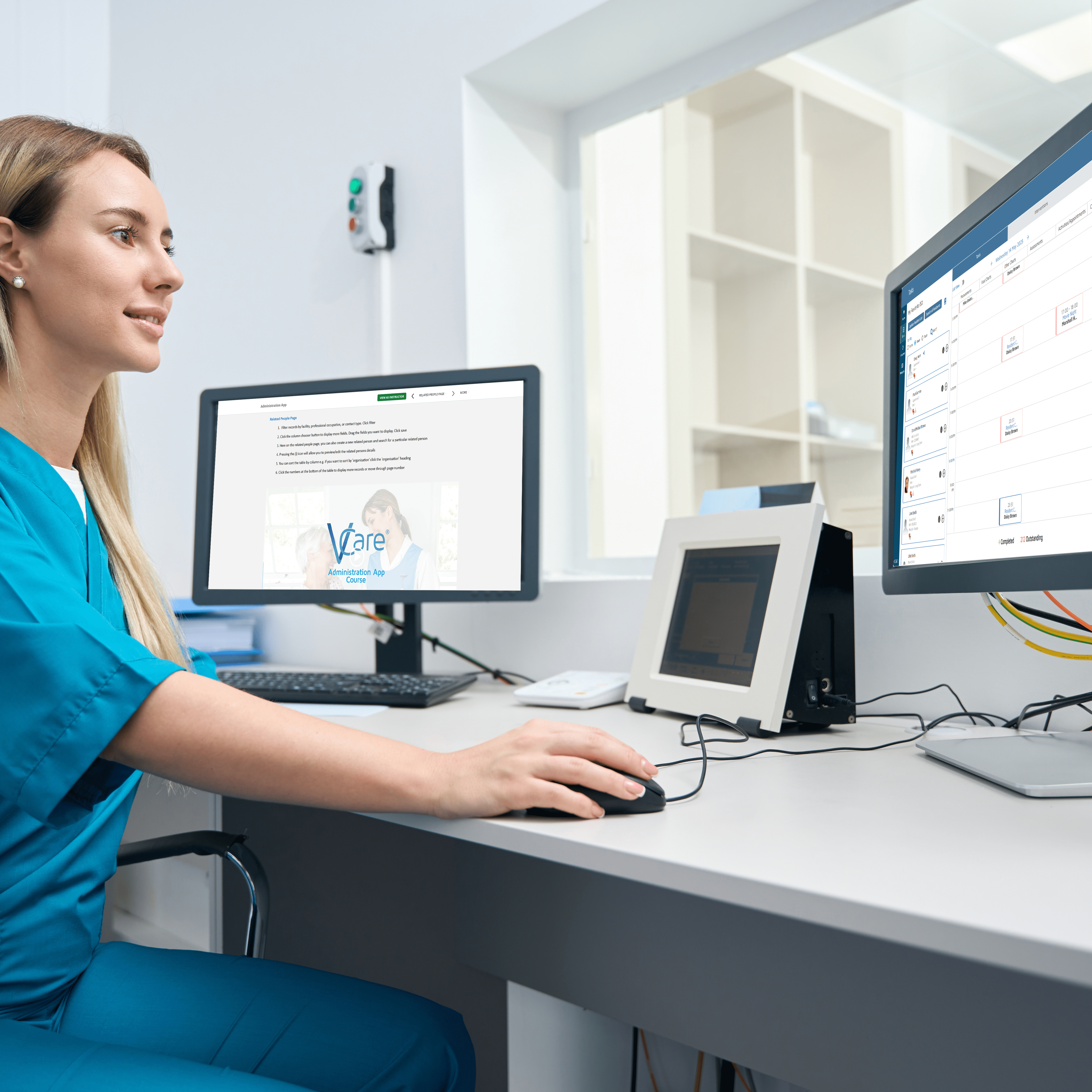 Lady operating a computer with care software