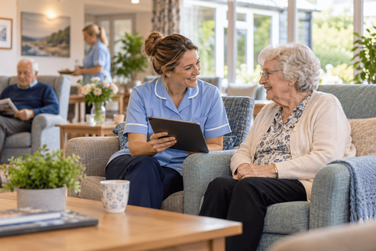 How Technology is Transforming Nursing Homes in Ireland How Technology is Transforming Nursing Homes in Ireland - Nurse and resident sitting and chatting